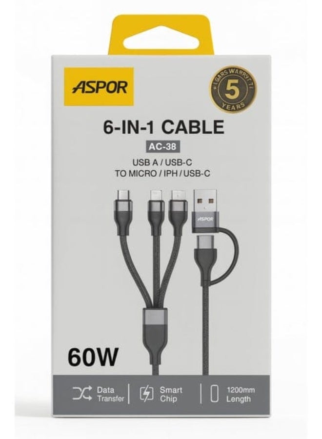 أسبور كابل Aspor AC-38 6 في 1 للشحن السريع ونقل البيانات بقدرة 60 واط (1.2 متر) - Image 2